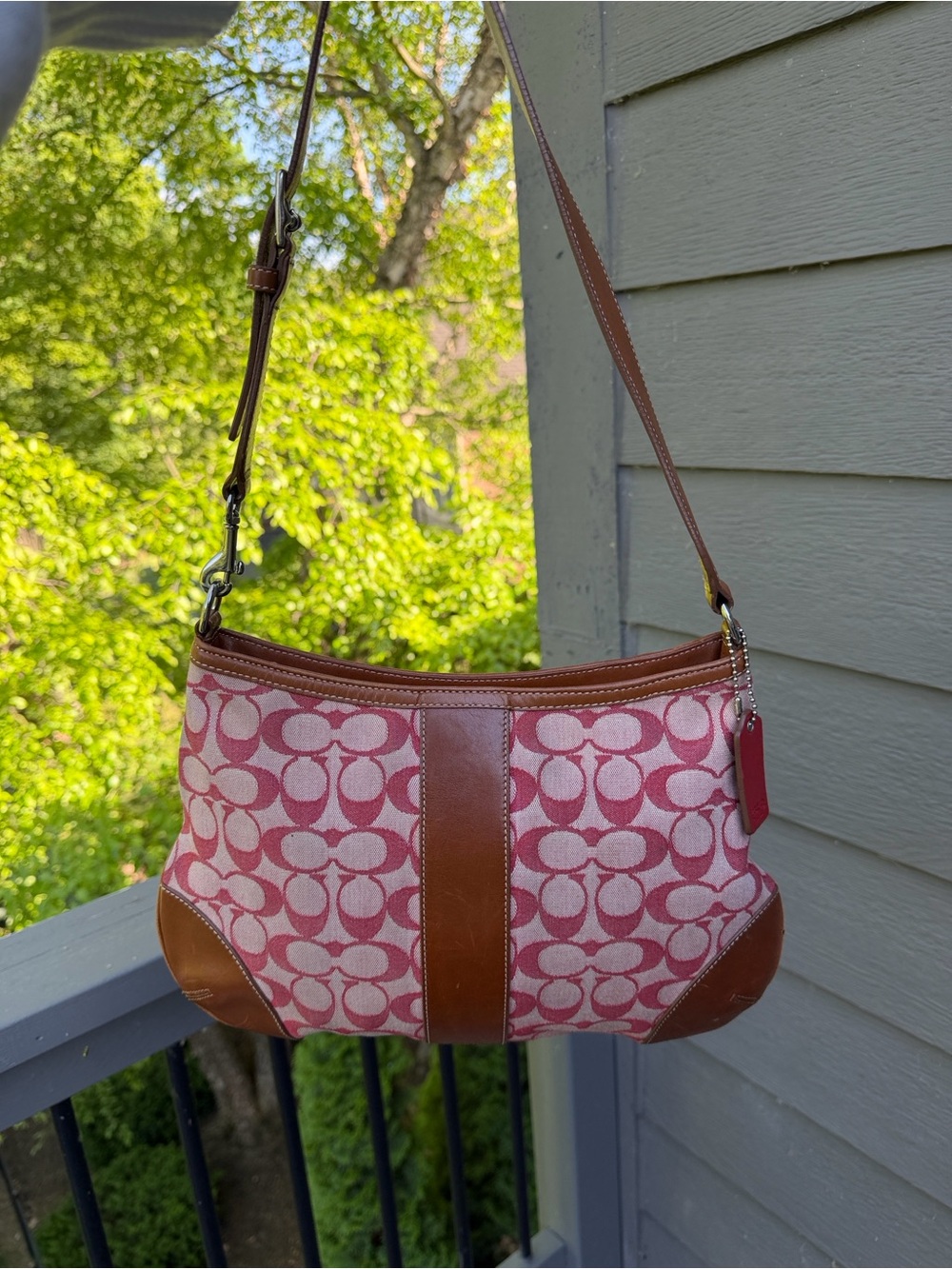 Coach Pink Signature Canvas Shoulder Bag with Brown Leather Trim